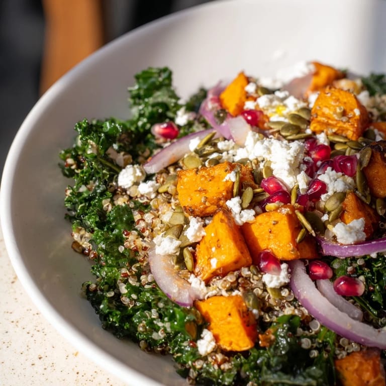 A close-up of a Kale & Quinoa Salad showcasing colorful vegetables and fluffy quinoa ready to serve.
