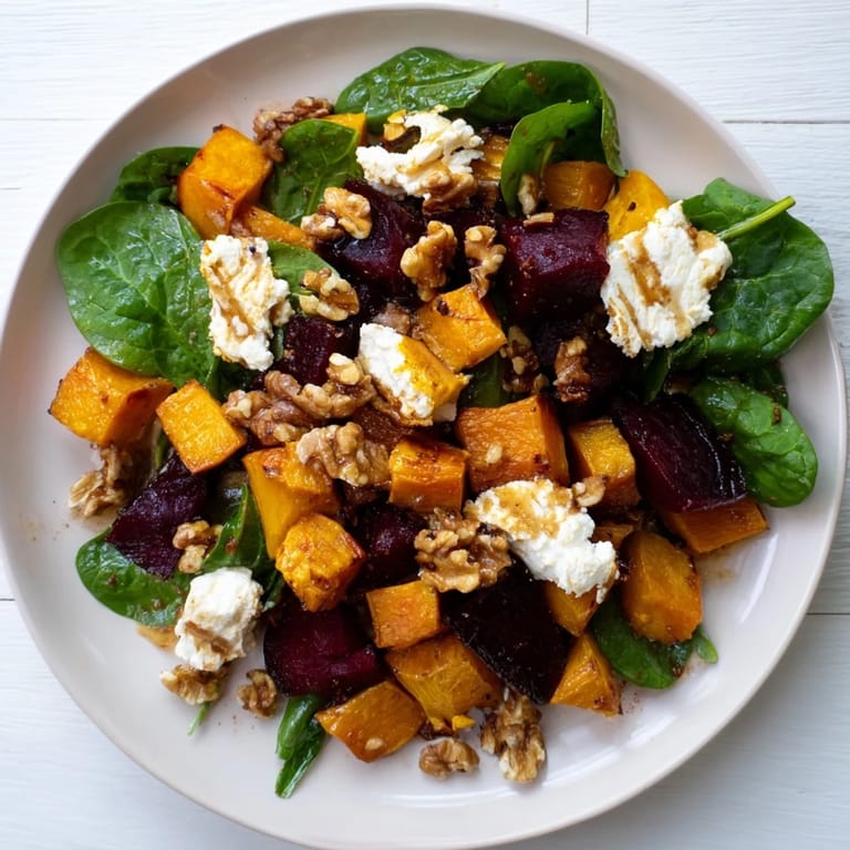 This delicious Roasted Beet, Butternut & Spinach Salad showcases tender beets and squash with a tangy vinaigrette.