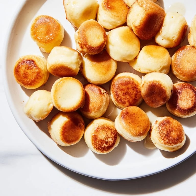 Close-up of golden, miniature pancake cereal, a trendy American breakfast treat ready to eat.