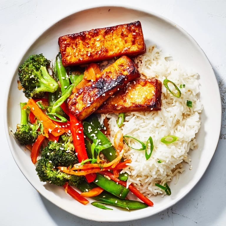 Crispy tofu steaks, glazed with a savory coating, accompany rice and stir-fried vegetables.