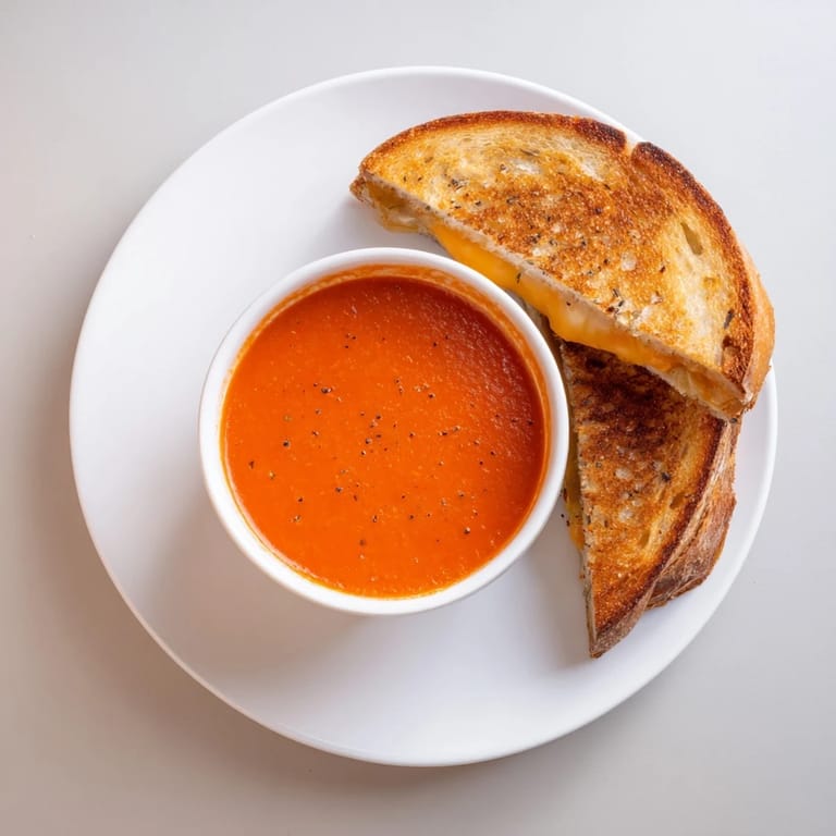 Enjoy the comforting flavors of 5-Ingredient Tomato Soup and a crispy grilled cheese sandwich.