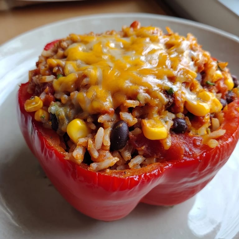A close-up of baked stuffed bell peppers, showcasing the savory rice and bean filling, ideal for dinner.
