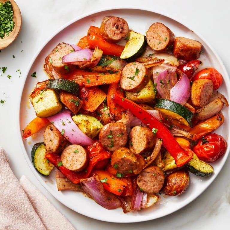 Warmly spiced Sheet-Pan Roasted Veggies & Sausage, perfect for a flavorful, easy weeknight dinner.
