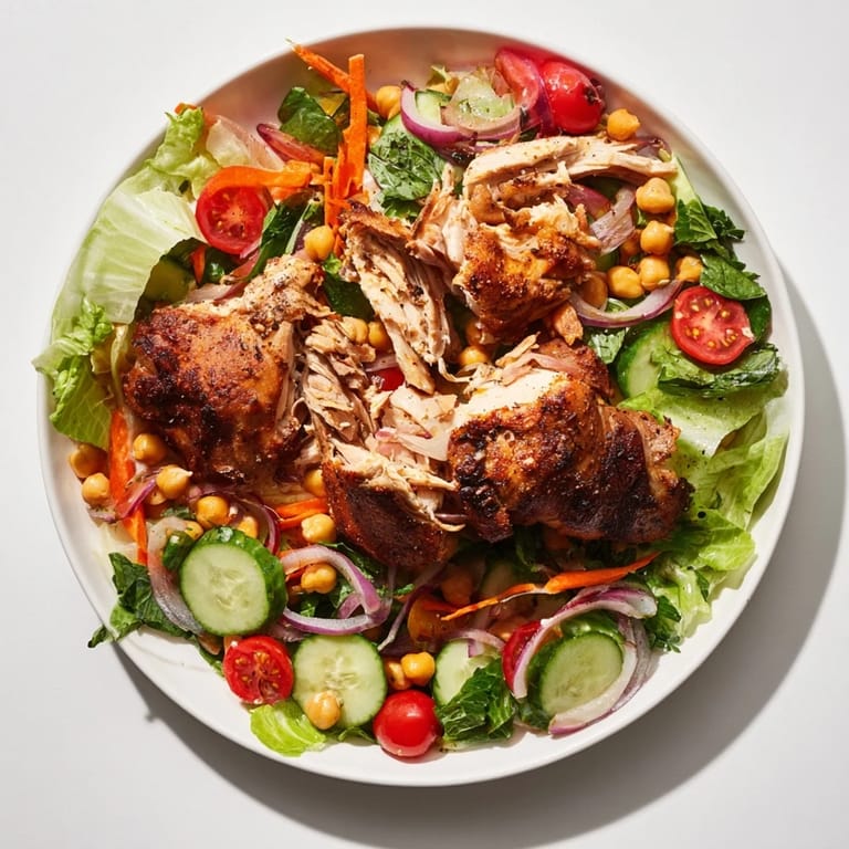 A close-up view of a flavorful chicken salad with tender chicken and crunchy, colorful vegetables.