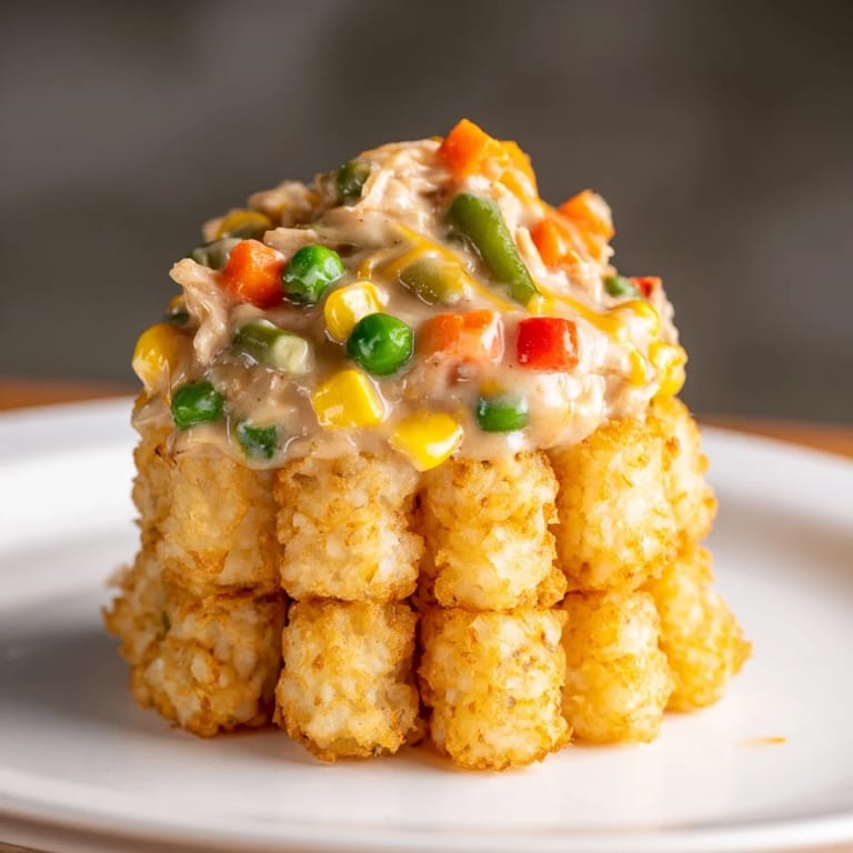 Crispy tater tots crown a savory Tater Tot Chicken Pot Pie, a flavorful family-friendly casserole dish.