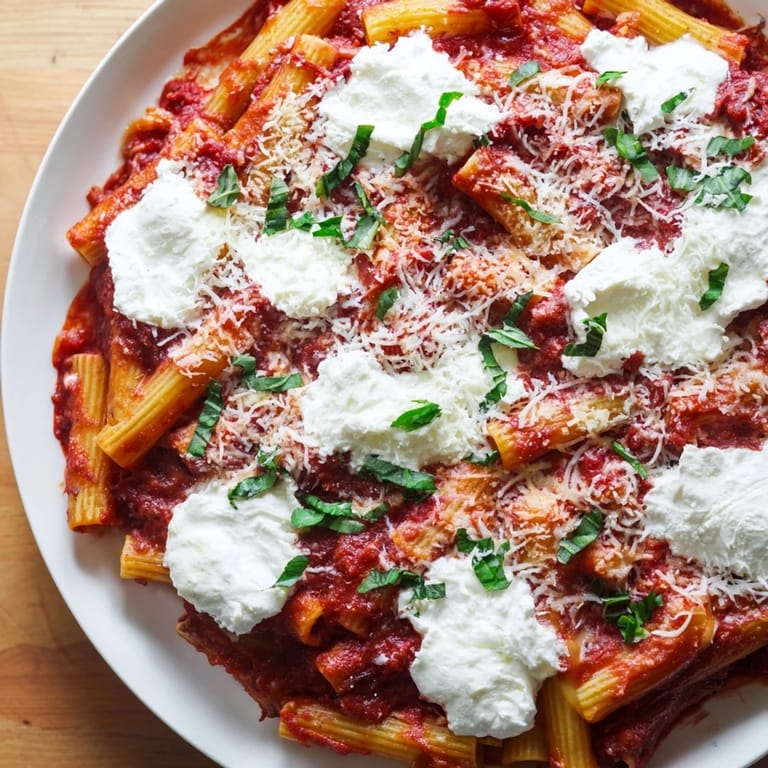 Golden, bubbly One-Pan Baked Ziti, a hearty Italian-American vegetarian meal ready to serve and enjoy.