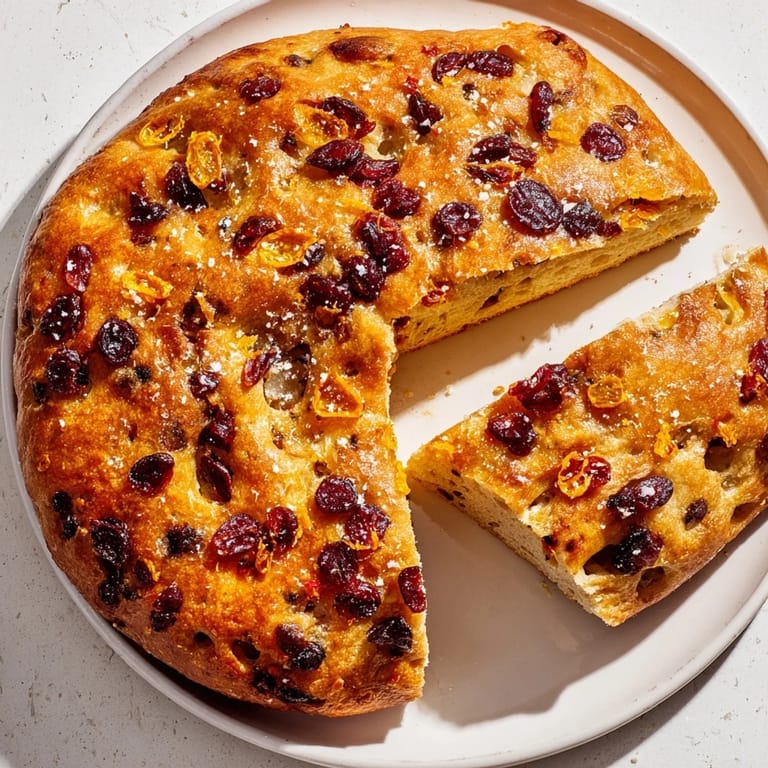 Freshly baked Cranberry Orange No-Knead Focaccia displaying a beautiful rustic appearance and inviting aroma.