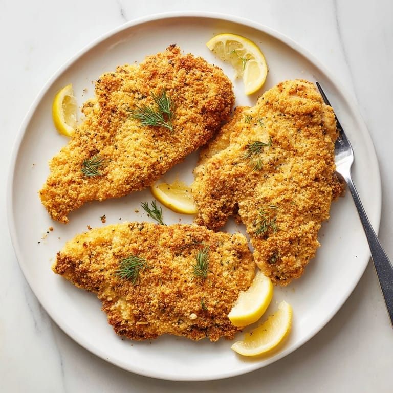 Close-up of perfectly cooked Pickle-Brined Chicken Cutlets showing the breading's golden, textured surface for a flavorful dinner.