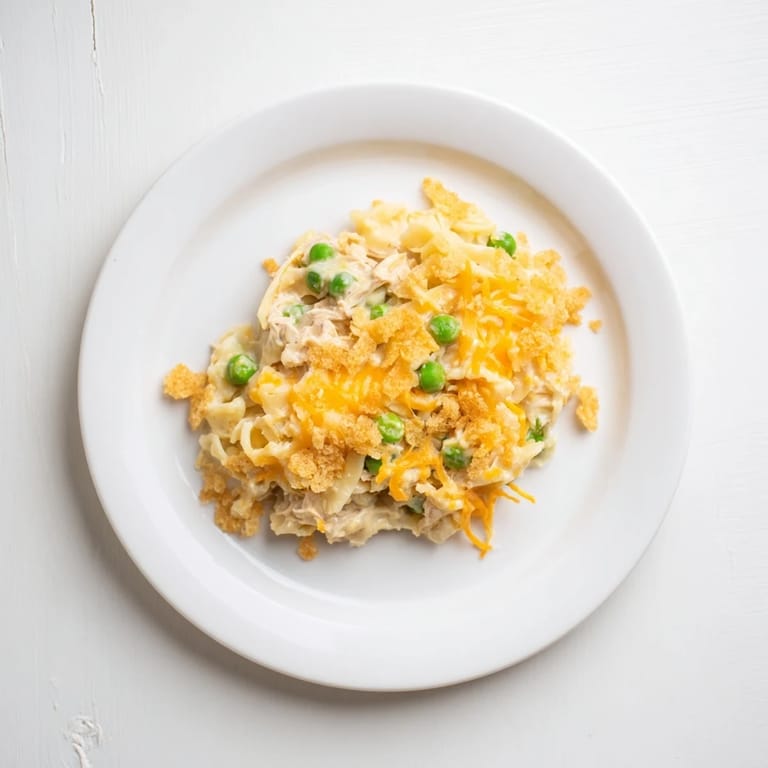Enjoy a warm slice of homemade Creamy Tuna Noodle Casserole, topped with golden Ritz crackers.