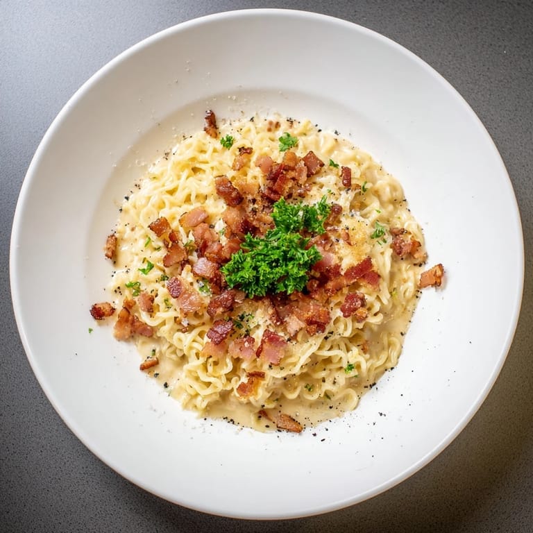 Savory Carbonara Ramen Fusion: A close-up view of the rich, comforting noodle dish, perfect for dinner.