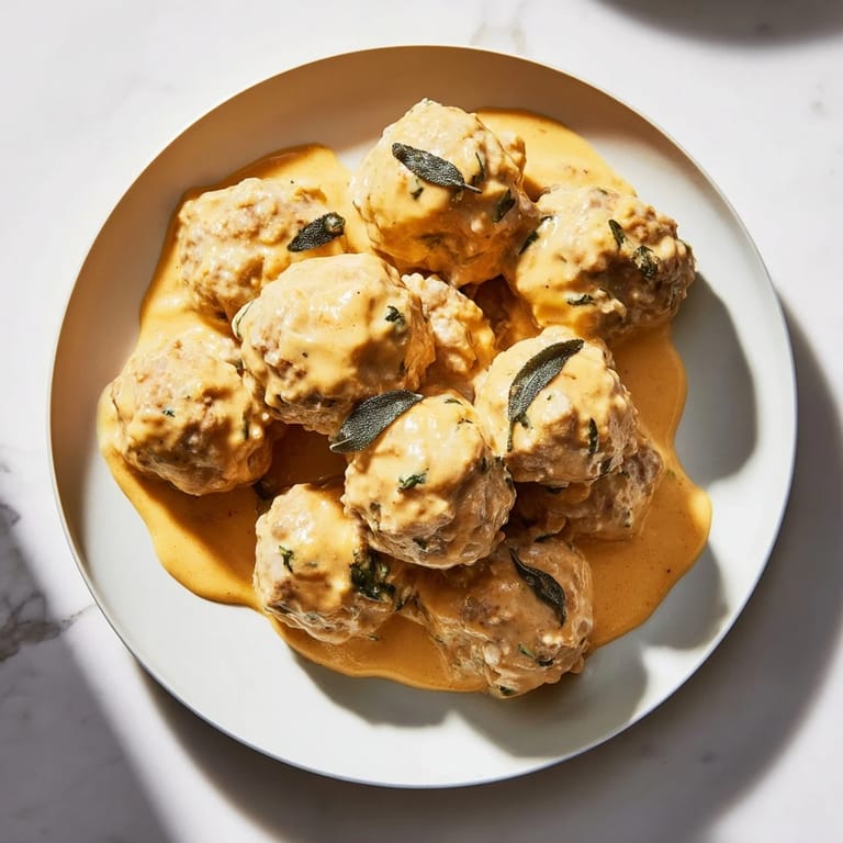 Hearty turkey meatballs in pumpkin sage sauce, drizzled over pasta, creating a warm, flavorful meal.