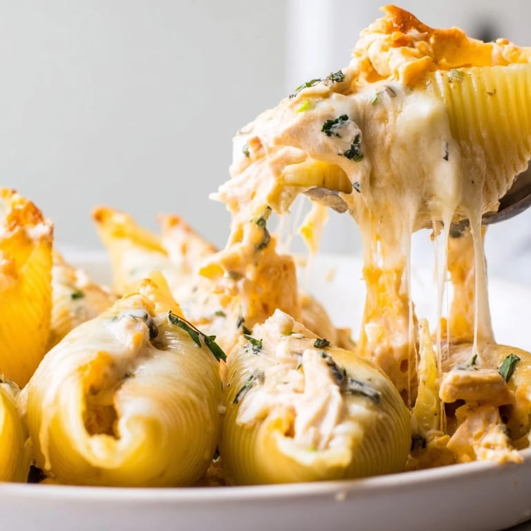 Creamy pumpkin and Gouda fill these Stuffed Shells, smothered in brown butter sage Alfredo sauce.