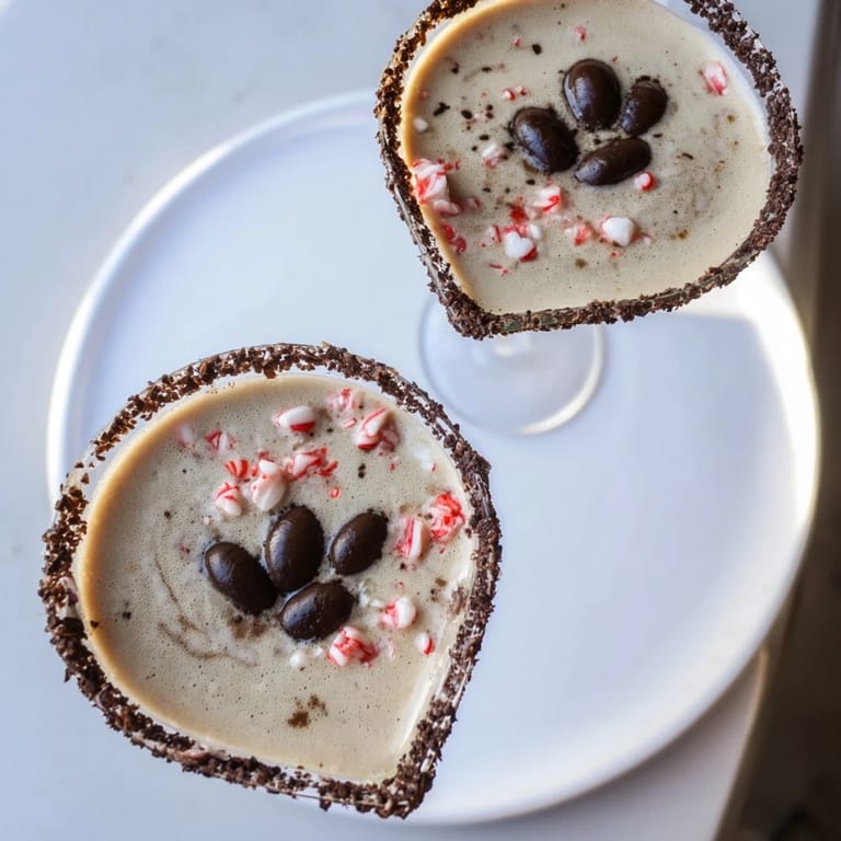 Chocolate-rimmed Peppermint Espresso Martinis served in elegant glasses, a perfect adult beverage for celebrations.