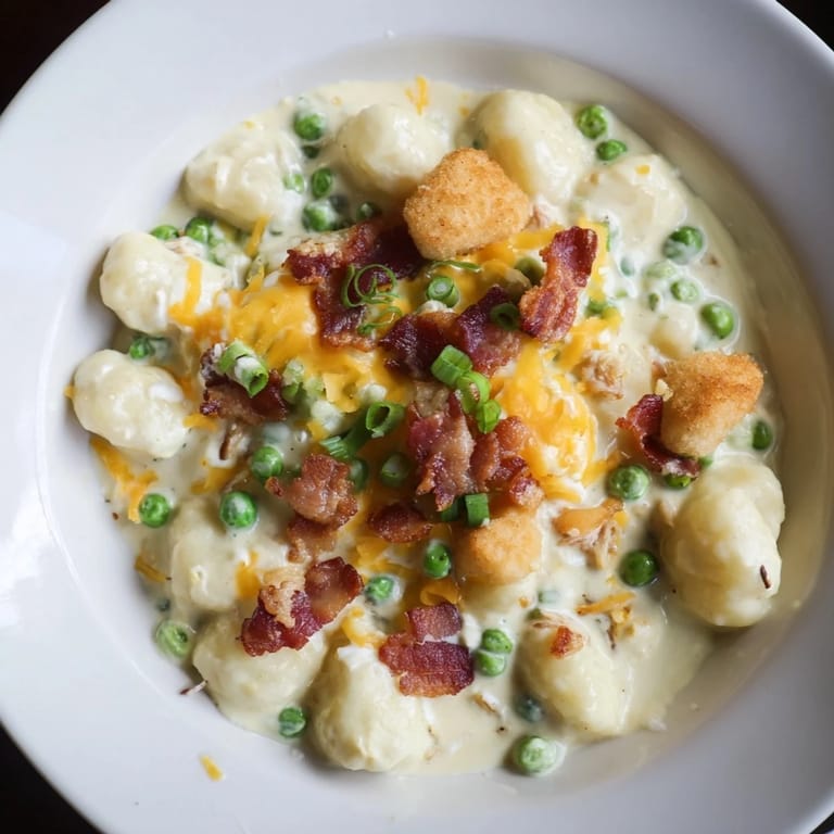 Close-up image shows the creamy crack chicken gnocchi's savory blend of chicken, peas, and gnocchi after cooking.