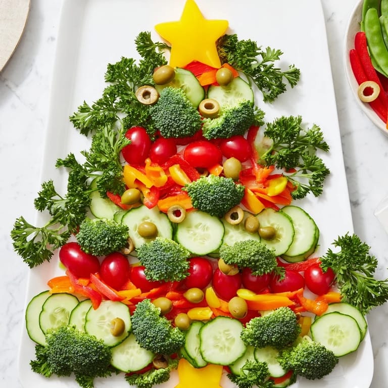 Bright, eye-catching Healthy Christmas Veggie Platter Tree with vibrant bell peppers, broccoli, and tomatoes, ready to enjoy.
