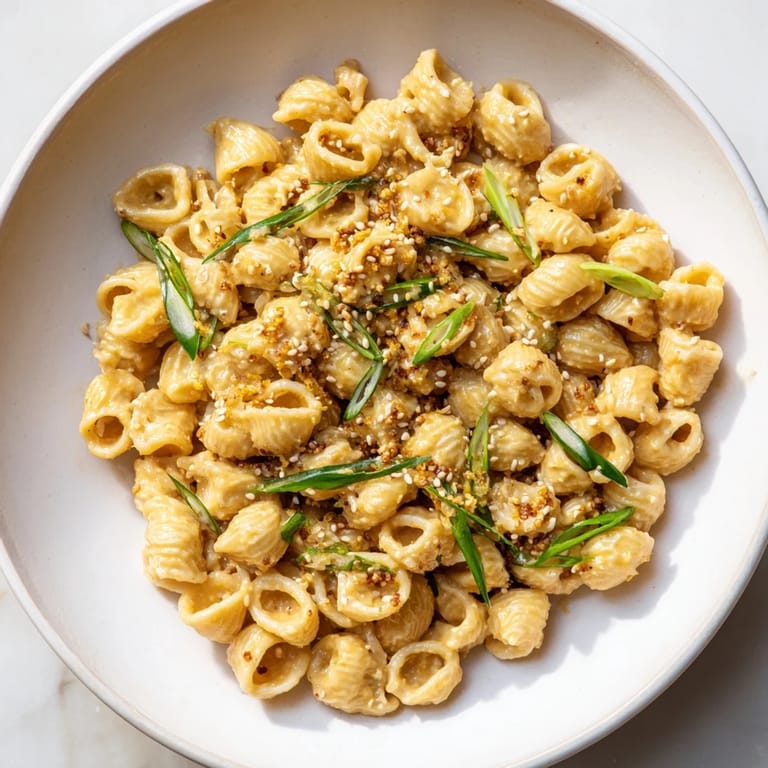 A comforting bowl of Japanese-Inspired Creamy Miso Ditalini, garnished with toasted sesame seeds and pepper.