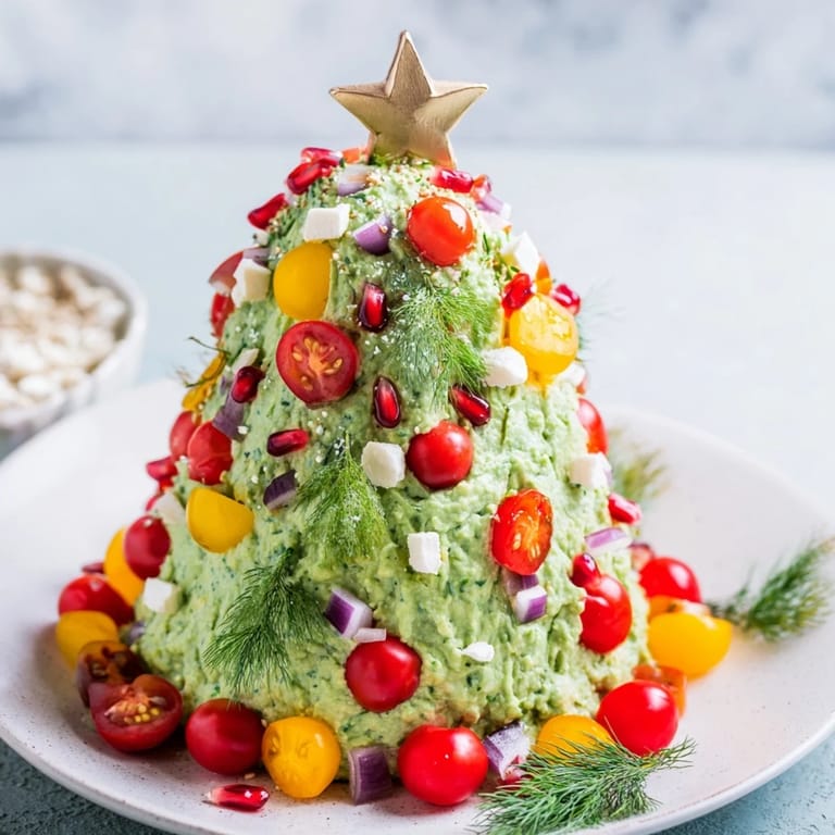 Artfully arranged, vibrant Whipped Avocado Christmas Tree Dip topped with tomatoes, peppers, and herbs ready to serve with chips.