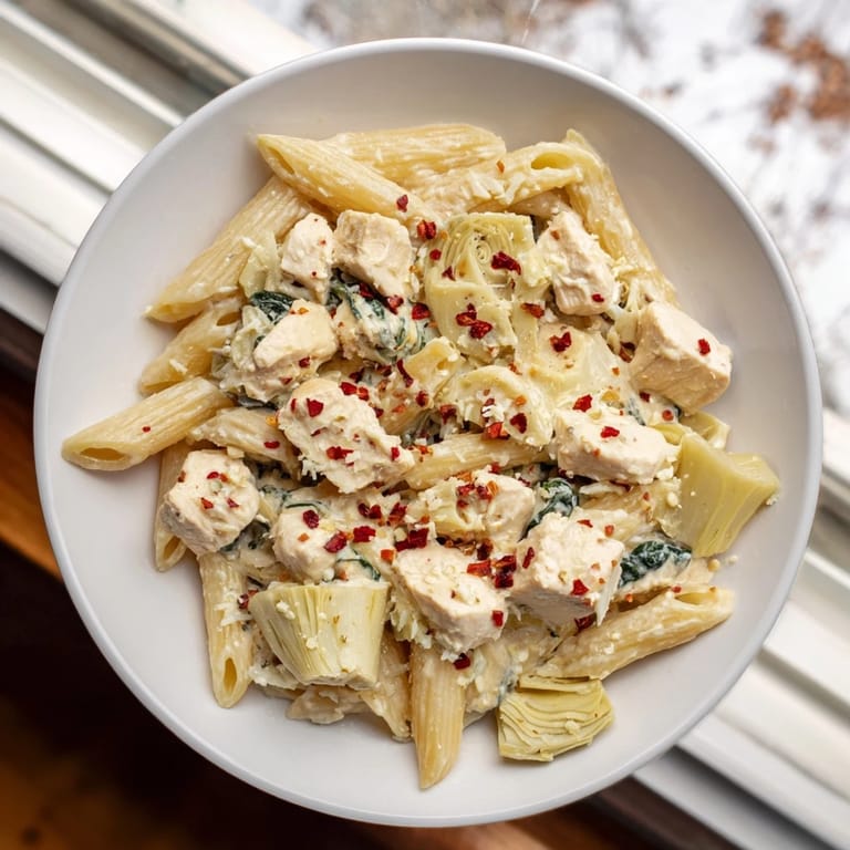 Enjoy a warm and satisfying bowl of Creamy Spinach Artichoke Protein Pasta Skillet, ready in under an hour.