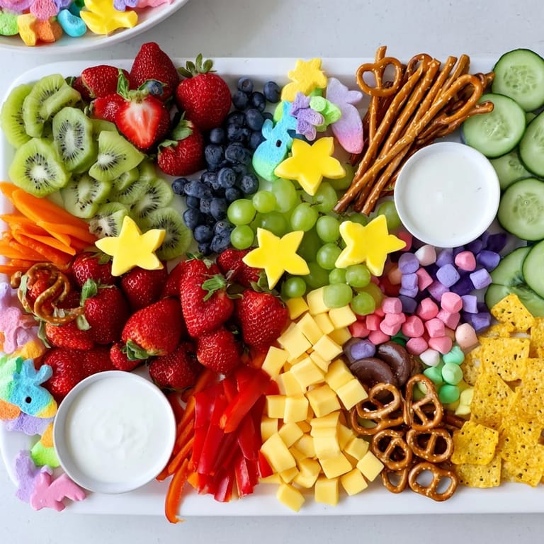 This vibrant Unicorn Party Platter shows an arrangement of sweet and savory snacks perfect for sharing and enjoying.