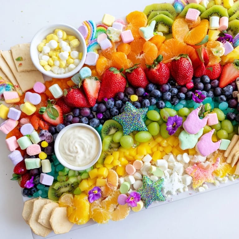 Imagine this delightful Magical Unicorn Rainbow Dessert Board: a visually stunning arrangement perfect for sharing and sweet enjoyment.