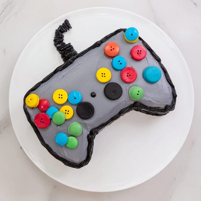 Freshly baked, beautifully decorated pixel perfect video game controller cake, ideal for fun, themed celebrations.