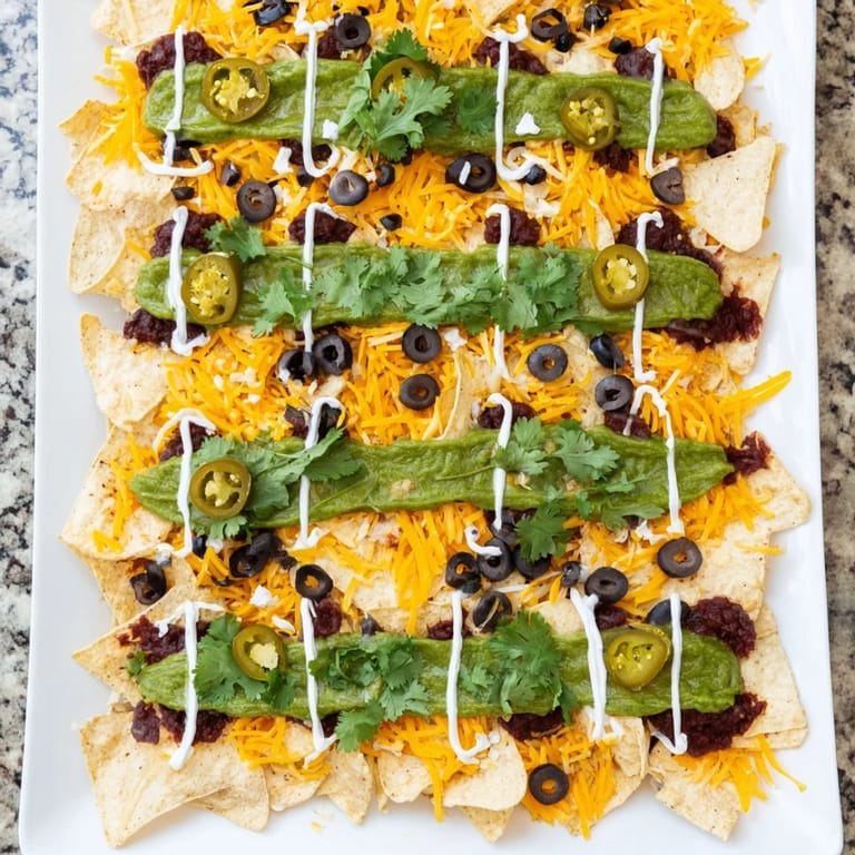 A vibrant Football Field Nacho Platter topped with fresh guacamole and pico de gallo, ready to serve!
