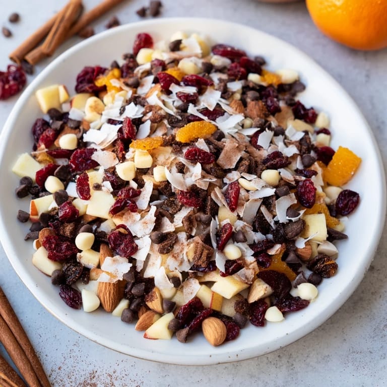 Close-up of the Mélange Hivernal Flocon de Neige, showing textures from dried fruits and cozy spices.