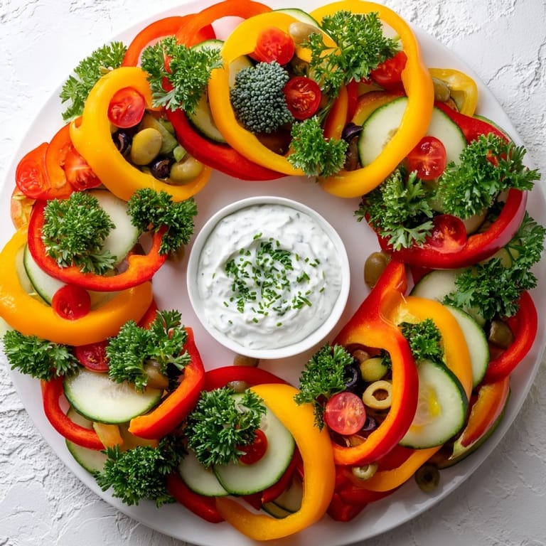 Festive Bell Pepper Wreath: A beautiful, fresh arrangement of colorful bell peppers surrounding a creamy dip.