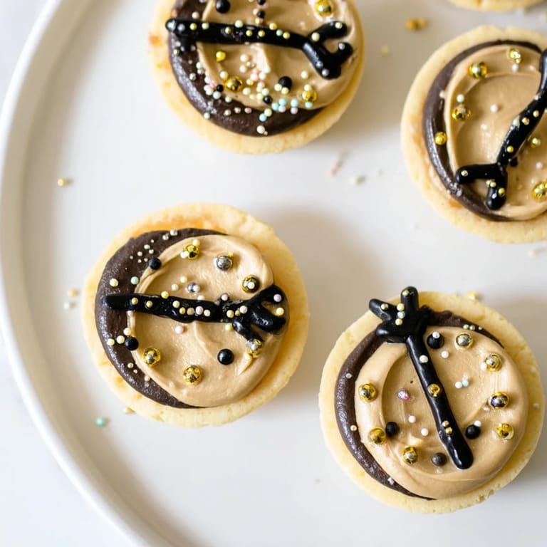 Vibrant buttercream-frosted Countdown Clock Mini Desserts, ready to be enjoyed for a New Year's Eve party.