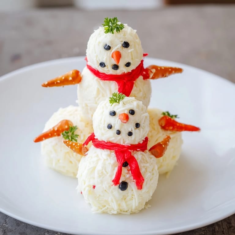 Chilled Snowman Cheese Balls are ready for serving, showcasing peppercorn eyes and vibrant bell pepper scarves.