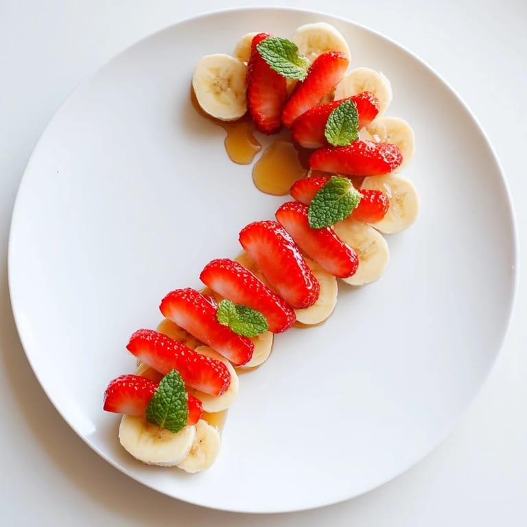 Fresh banana and strawberry slices form a festive candy cane, a beautiful and easy snack.