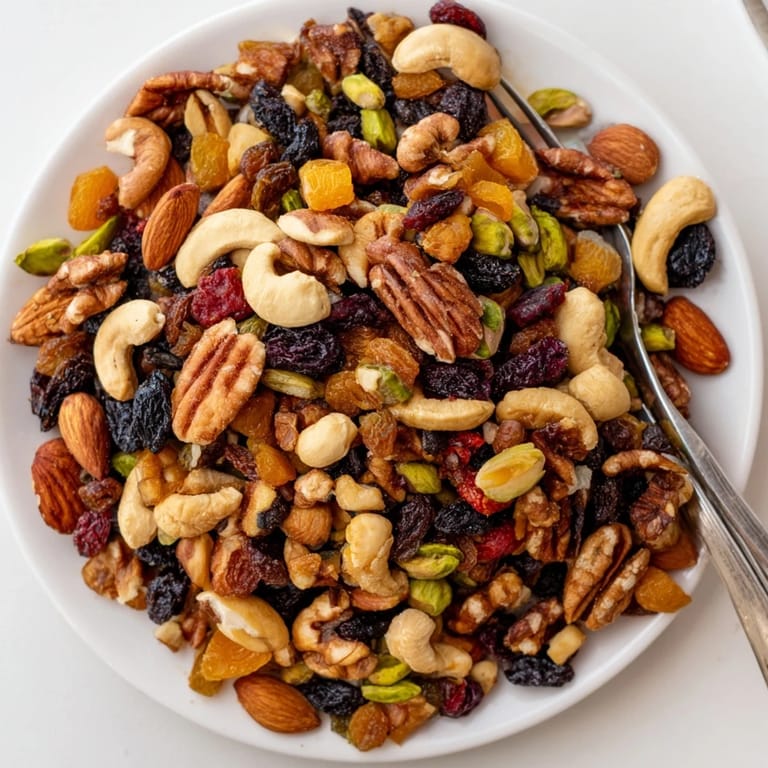 A bright photo showcases crunchy nuts and sweet dried fruit in a simple Easy Party: Assorted Nuts and Dried Fruit Pile.