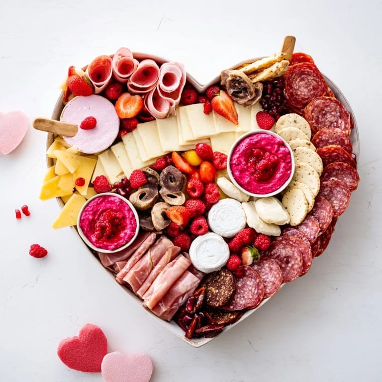 A beautiful close-up reveals a delicious Heart of Romance Board, perfect for a romantic date night spread.
