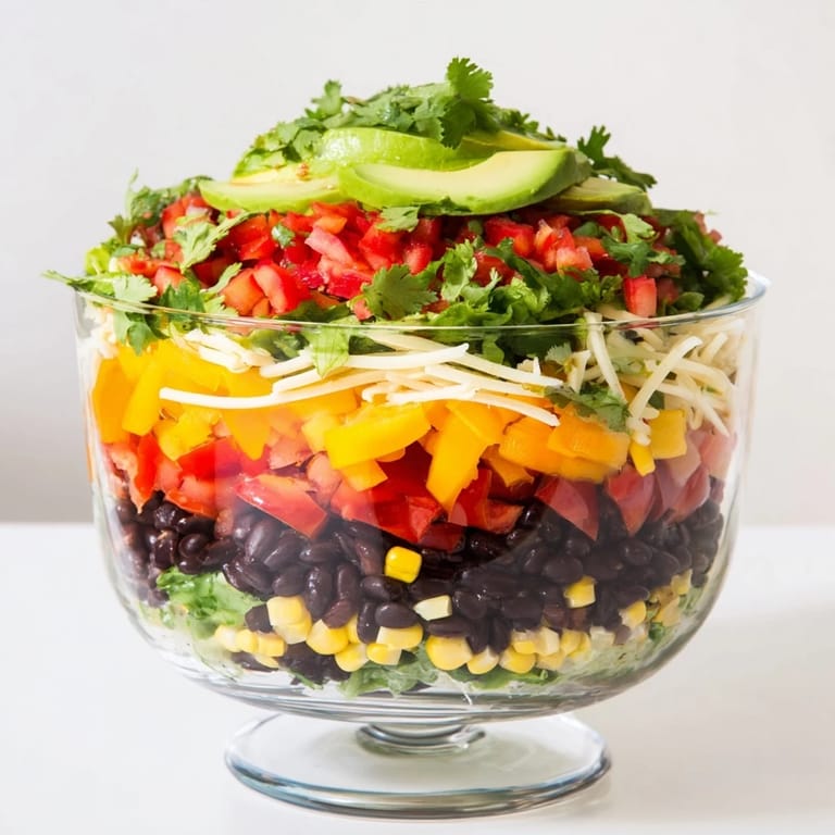 This Southwestern Sunset Palette boasts layers of black beans, peppers, cheese, and tomatoes, waiting to be enjoyed.