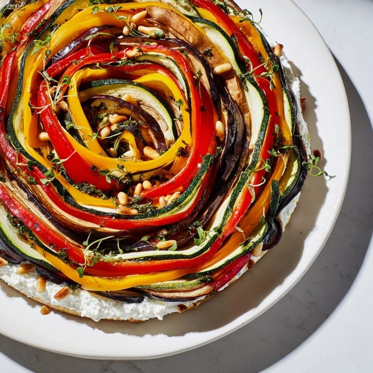 Close-up of The Snail Shell Spiral highlighting the artful vegetable spiral and fresh herb-infused goat cheese base.