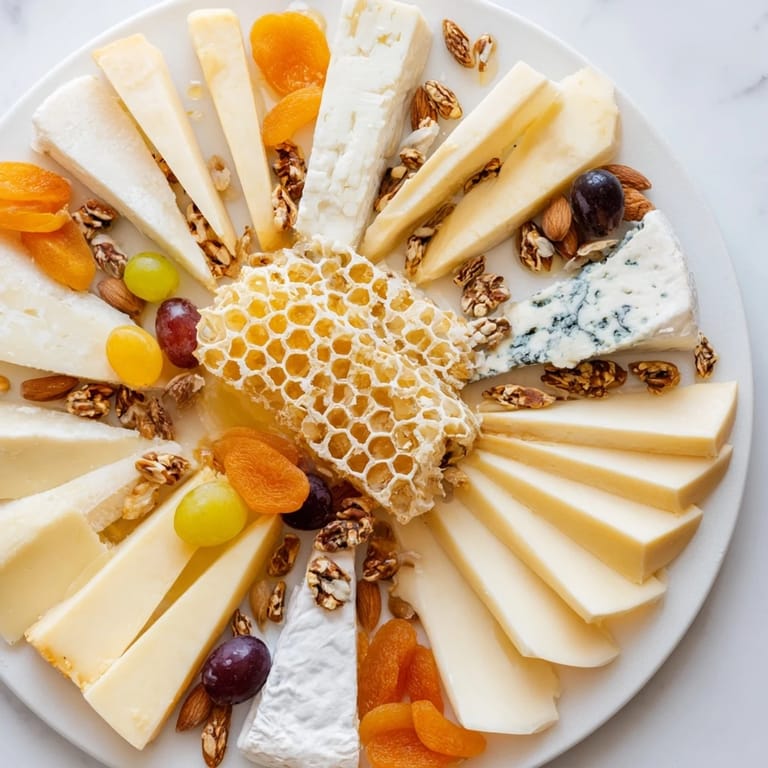The "Gilded Hive" is a cheese and cracker board, including a stunning honeycomb centerpiece and colorful garnishes.