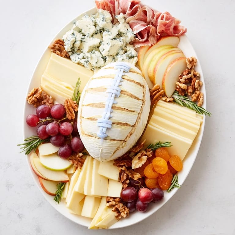 A visually stunning Rugby Ball Cheese Board with fresh grapes and apple slices, perfect for sharing.