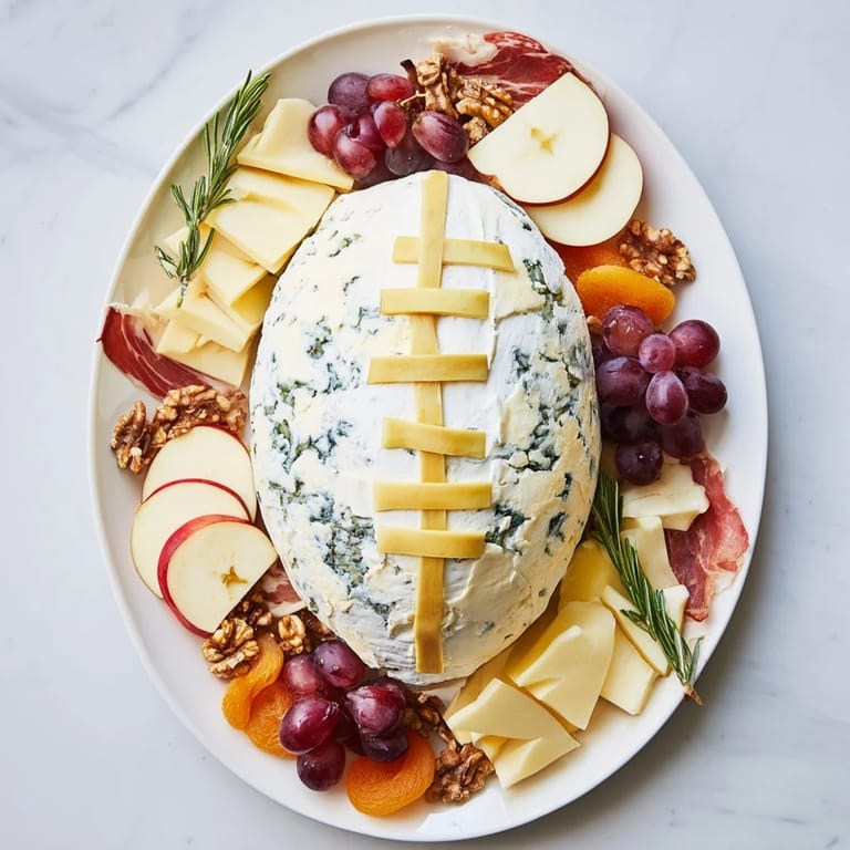 Beautifully arranged Rugby Ball Cheese Board featuring creamy brie, colorful fruits, and savory meats.