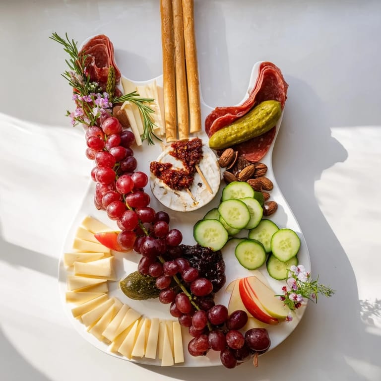 This Rock Star Guitar Platter features an artful arrangement of cured meats, cheeses, and fresh fruits for a party.