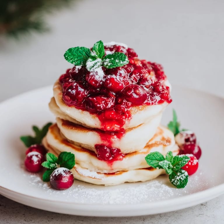 A delicious Brunch Board: pancake stack glistening with warm berry compote and fresh mint, ready to serve.