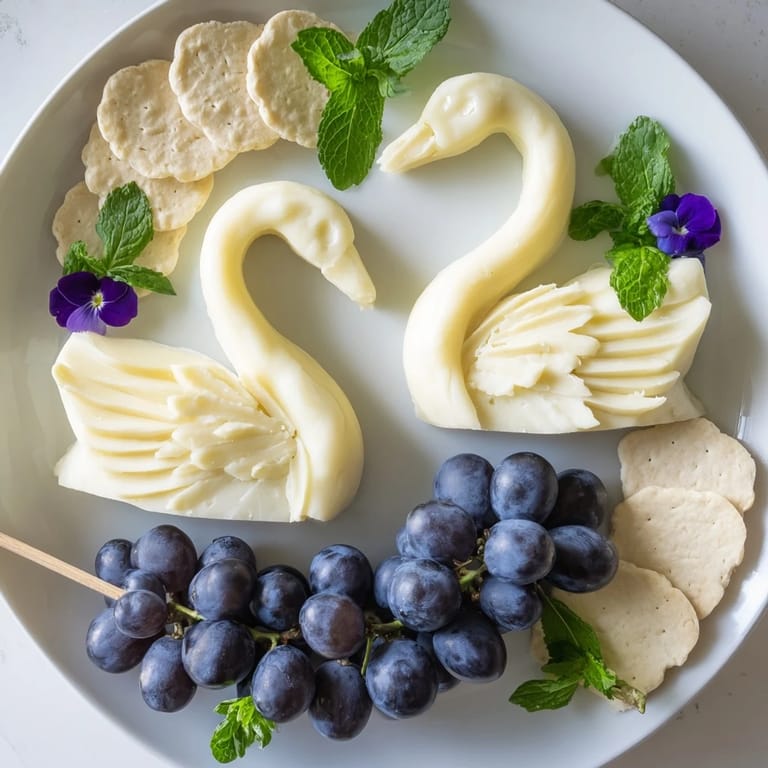 Beautiful Elegant Swan Lake Board, a visual feast with cheese swans and sweet blue grapes ready to enjoy.