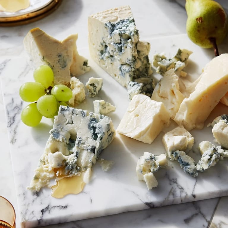 Artfully arranged Marble Quarry cheeseboard with blue cheese, white cheddar, and optional fruit.