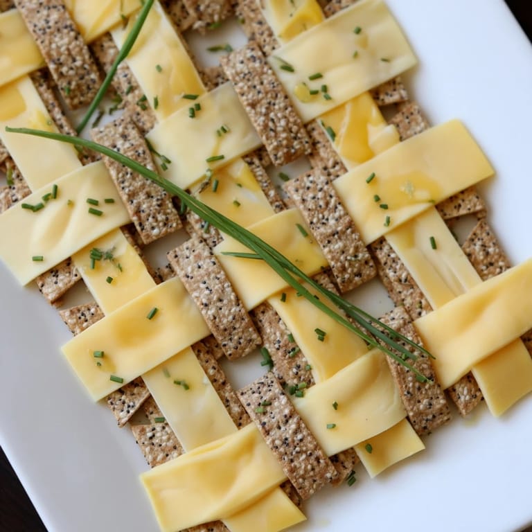 Crispy cracker strips and layered cheese slices create a delightful Garden Gate Lattice appetizer presentation.