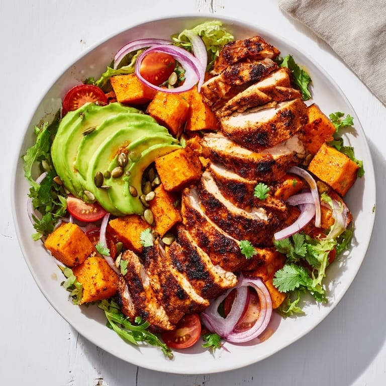 Roasted sweet potatoes and creamy avocado top this delicious Avocado and Sweet Potato Chicken Bowl.
