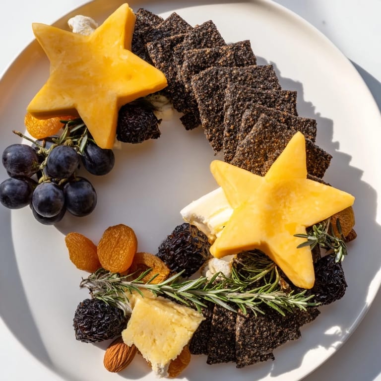 A festive Crescent Moon & Stars Cheese Board: dark crackers and beautiful cheeses, ideal for entertaining guests tonight.