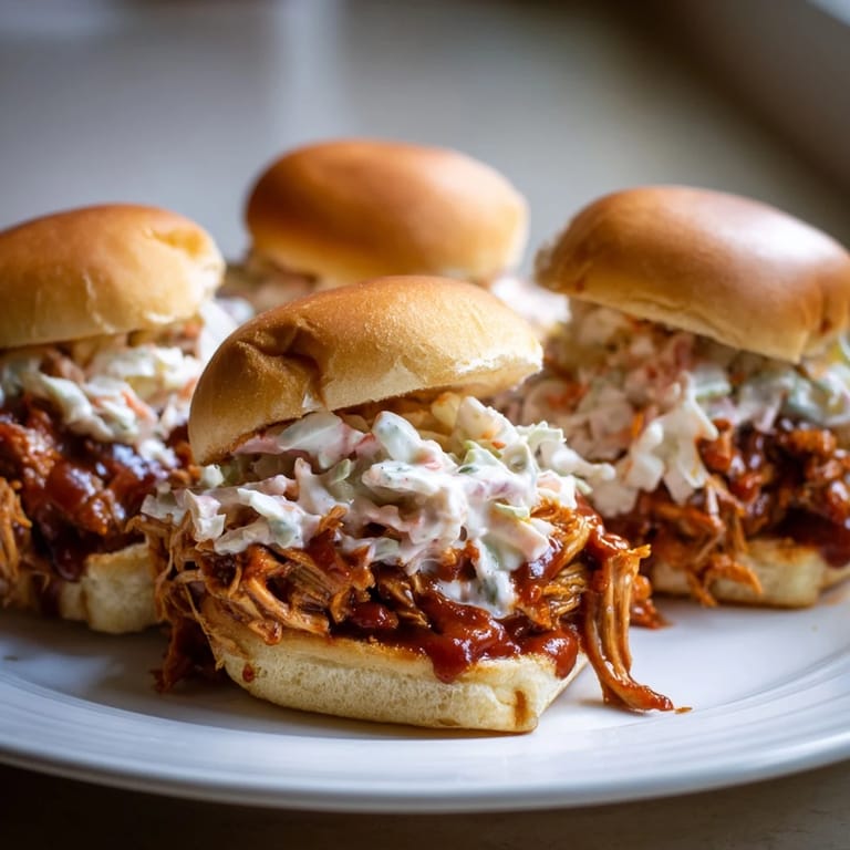 Golden slaw topping the savory BBQ jackfruit for a delicious vegan slider experience.