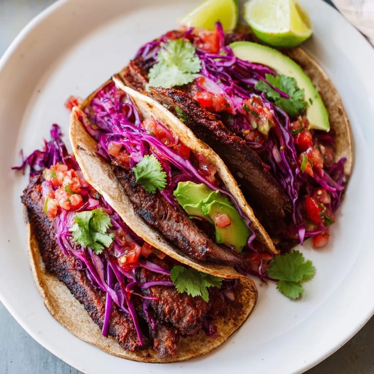 Enjoy savory Coffee-Rubbed Steak Tacos, featuring perfectly grilled steak, cilantro, and creamy avocado, ready to eat.