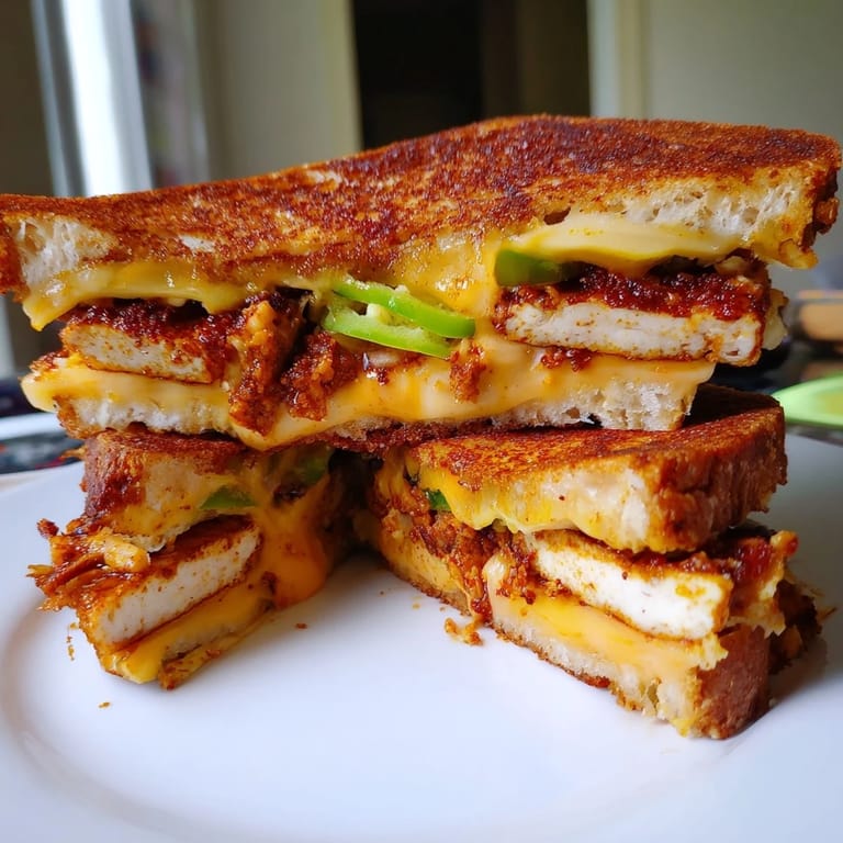 Indulge in a Spicy Crispy Tofu Grilled Cheese: golden tofu, melted cheese, and toasted sourdough slices await!