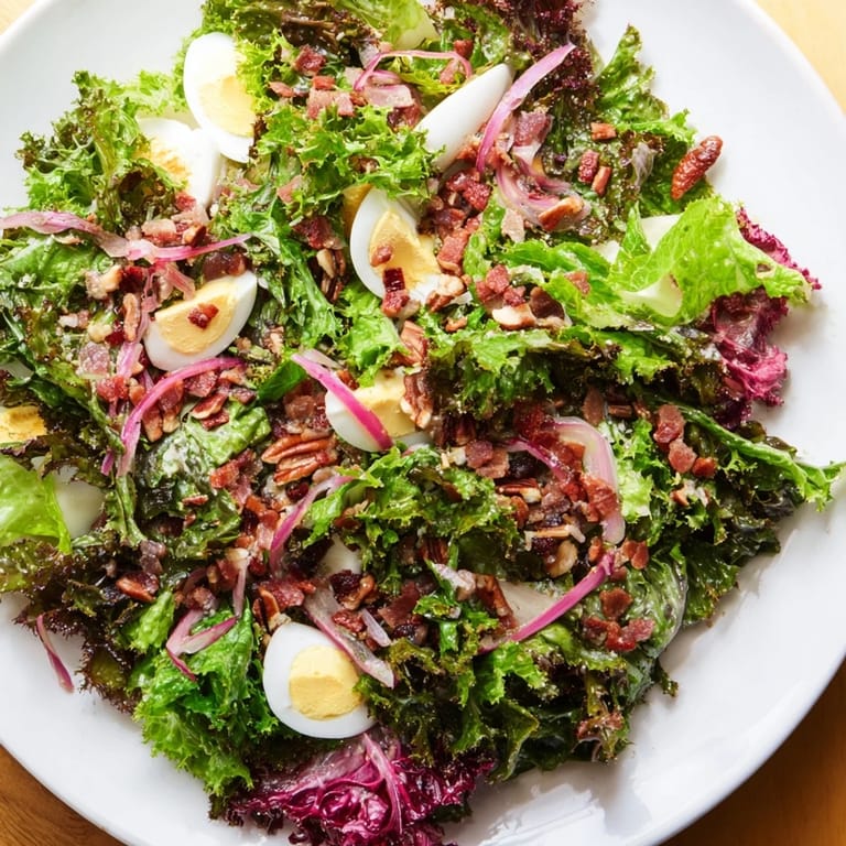Enjoy the warm, tangy flavors of this homemade Bitter Greens Salad infused with bacon dressing.