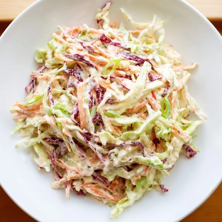 A close-up shot of Quick Coleslaw Salad, a cool and refreshing side dish ready to eat.